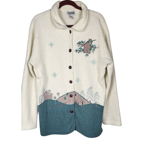 Vtg 80s Teddi Fleece longline button up coat Jacket Medium Embroidered cottage - Picture 1 of 8